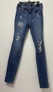 Hollister Jeans Girls Blue Mid Rise Super Skinny Denim Distressed Size 00R - Picture 1 of 3