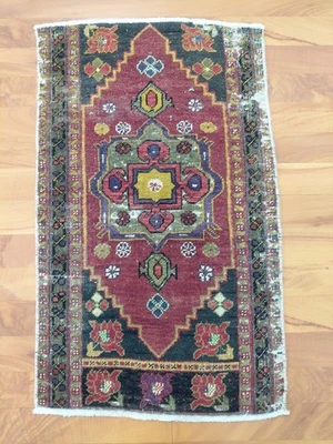 Antique Deformed Fragment Rug Handmade Decorative Small Door Mat Nice Rug - Image 1 of 4