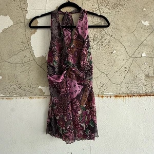 Y2K Bisou Bisou Halter Top Floral Chiffon Sheer Boho Going Out Tank Womens 6 - Picture 1 of 7