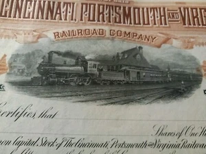 1900s CINCINNATI PORTSMOUTH AND VIRGINIA RAILROAD COMPANY STOCK CERTIFICATE - Picture 1 of 11