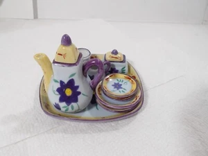 Miniature Tea Set By: Ganz PURPLE Teapot Sugar Creamer Cups Saucers Plates Tray - Picture 1 of 15