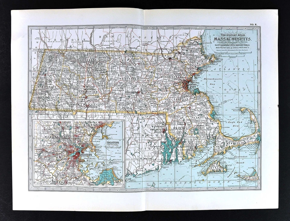 1898 Century Atlas Map - Massachusetts - Boston Cape Cod Plymouth Cambridge Lynn - Image 1 of 1