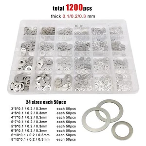 500/1200pcs M3-M8 304 A2 Stainless Steel Ultra Thin Flat Washer Shim Set Kit Box - Foto 1 di 10