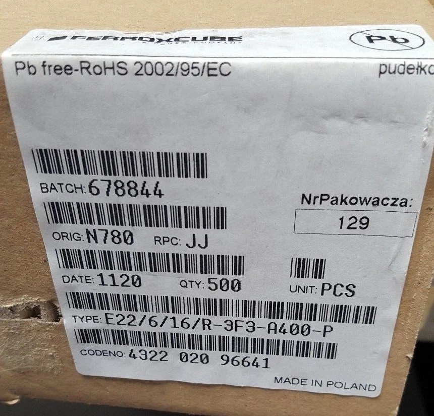 FERROXCUBE 432202096641 E22/6/16/R-3F3-A400-P CORE QTY: 500 (U3.7) - Image 1 of 1