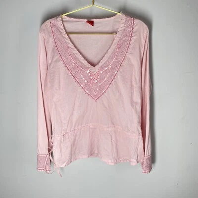 S. Oliver Blush Pink Long Sleeve Sequin Top Blouse Size 12 Pullover Deep V Neck  - Image 1 of 4