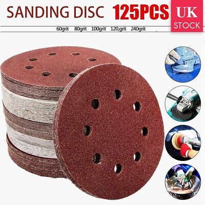250pcs - 5  Inch - 125mm Sanding Discs 40 60 80 120 240 Grit Orbital Sander Pads • 18.99£