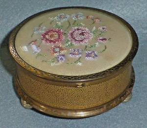 Charming Vintage Floral Embroidered & Gilt Powder Pot, Liner & Puff, c1950 - Picture 1 of 23