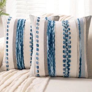 Boho Throw Pillow Covers 18X18 Set of 2 Farmhouse Decorative Cushion Case Stripe - Picture 1 of 6