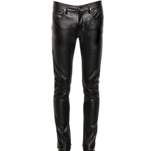 Leather Pants Men Pant Trousers Slim Biker Fit Men's Jeans Style Real Black 32 - Picture 1 of 5