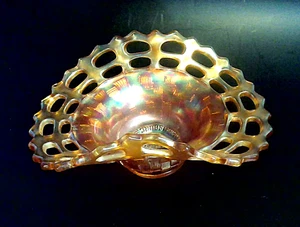Fenton Marigold Carnival Glass Basket Weave Open Edge Bowl. Ad for Miller's - Picture 1 of 9