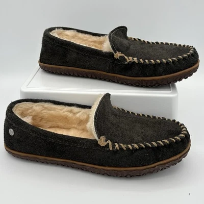 Minnetonka Terese Charcoal Leather Moccasin Slippers Sheepskin lining sz 8 - Image 1 of 4