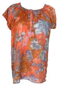 Daisy Fuentes Womens Size L Blouse Floral Coral Short Sleeve Crewneck Gathered - Picture 1 of 9