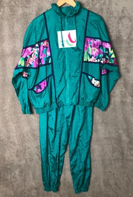 Traje de chándal vintage años 80 90 Avait Sportif mediano M floral verde azulado nailon cortavientos Foto 1 de 4
