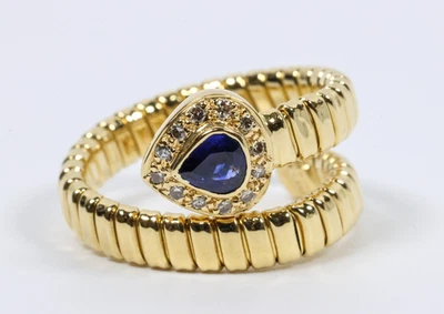 18k Yellow Gold 0.10ct Blue Sapphire and Diamonds Snake Wrap Ring US 9 EU59.5 - Image 1 of 4