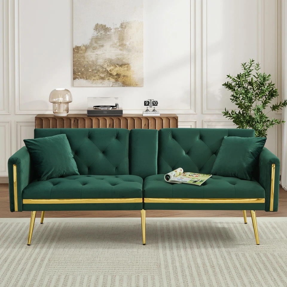 Convertible Sofa Bed 2 Seater Click Clack Sofa Settee Couch Living Room Green - Image 1 of 4