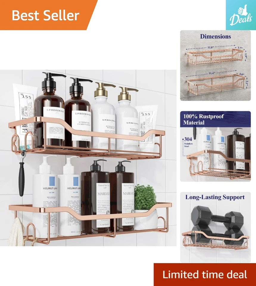 Carrito de ducha a prueba de óxido oro rosa - Paquete de 2 organizadores adhesivos para almacenamiento elegante Foto 1 de 4