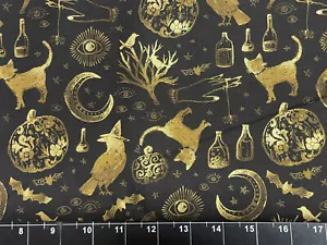 Tina Scrap 9"x21" SKULLS Metallic Cat Witch Bat GOTHIC HALLOWEEN Fabric Cotton - Picture 1 of 1