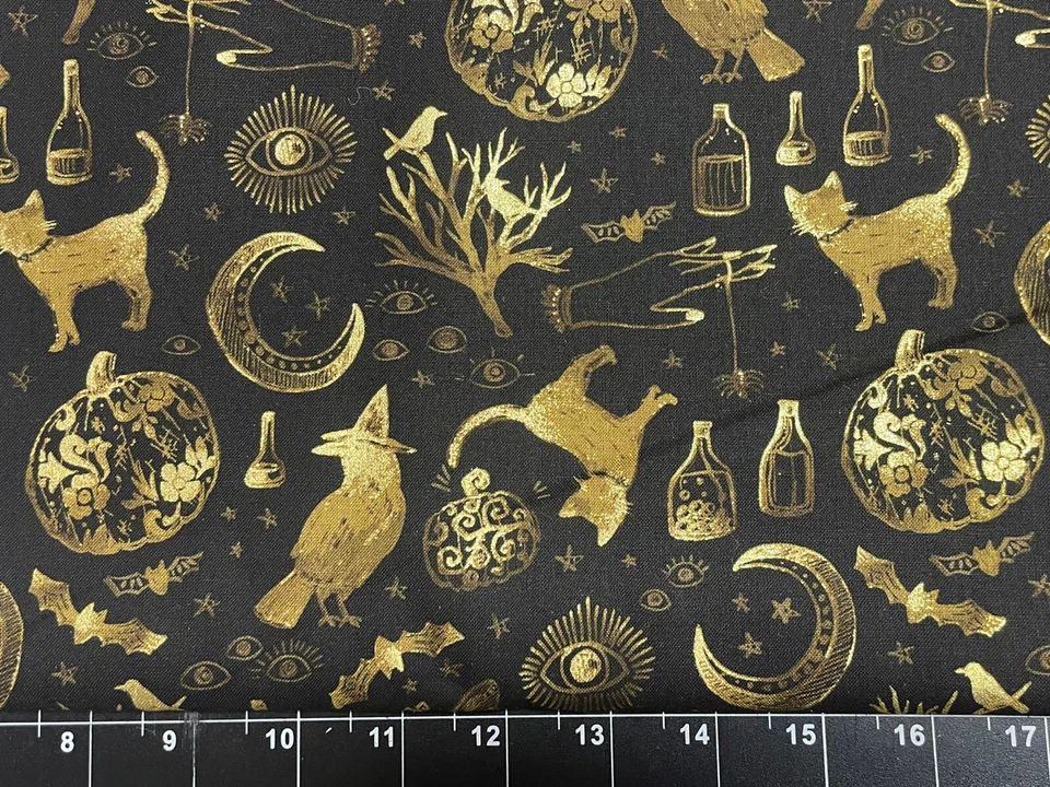 JO-ANN Tina Scrap 9"x21" SKULLS Metallic Cat Witch Bat GOTHIC HALLOWEEN Fabric Cotton