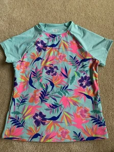 LANDS' END size L 10-12 Girls Rash Guard Swim Shirt Short Sleeve Lined Front - Picture 1 of 4
