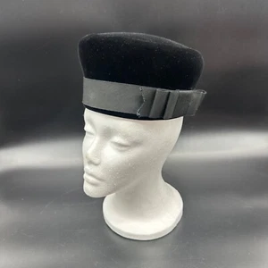 Vintage Pillbox Hat 1960s Mr John Black Velvet Jackie Kennedy Style Bow Accent - Picture 1 of 11