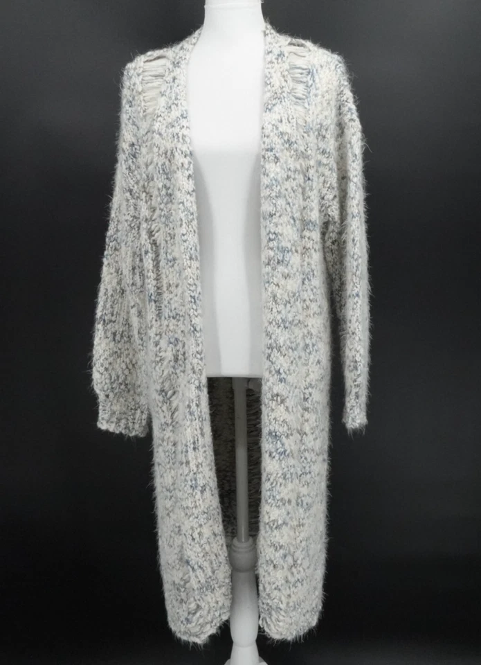 Cárdigan Pol Mujer Grande Blanco Azul Moteado Abierto Crochet Plumero Acogedor Difuso Foto 1 de 4