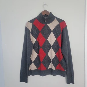 J. Crew Mens L Lambswool Argyle Full Zip Sweater Jacket Charcoal Gray Red - Picture 1 of 9