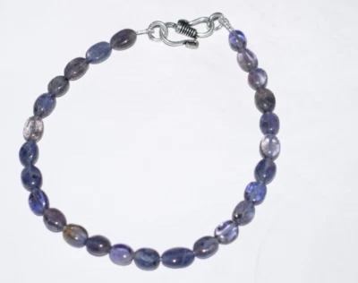 Natural Iolita Gema 925 Plata de Ley 9" Cuerda Pulsera Liso Ovalado Cuentas - Imagen 1 de 4