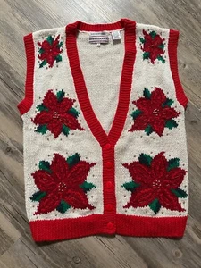 Vtg Westbound Christmas Sweater Vest Women's Petite Small Hand Knit Poinsettia - Picture 1 of 5