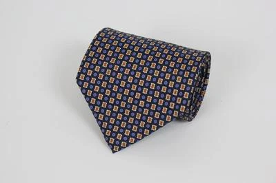 Corbata de seda J CREW. Azul con patrón geométrico marrón. Foto 1 de 3