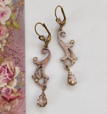 Michal Negrin Earrings Romantic Pink Swirls Deco With Swarovski Crystals Retro - Image 1 of 4