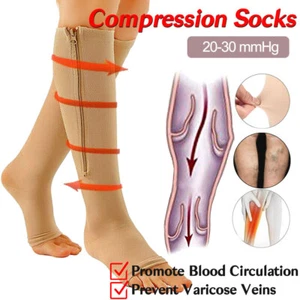 Compression Socks Open Toe Knee High Men Women 20-30mmHG Support Brace Stockings - Picture 1 of 14