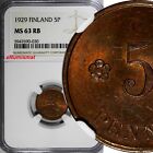 Finland Copper 1929 5 Penniä NGC MS63 RB TOP  GRADED KM# 22 (030)