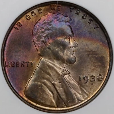 Centavo Lincoln Wheat 1938 1 c - NGC MS 65 RB tono monstruo Foto 1 de 4