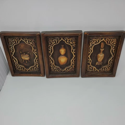 3 VTG 90’s The Bombay Company's Handcrafted ASIAN VESSEL Wall Plaques Frames Cover