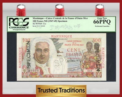 TT PK 31s 1947-49 MARTINIQUE 100 FRANCS BOURDONNAIS PCGS 66 PPQ GEM NONE FINER - Image 1 of 2