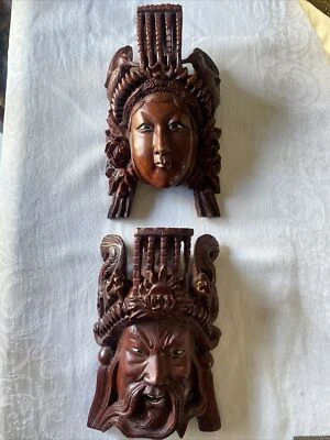 Máscaras diety taoísmo chinês vintage jacarandá conjunto de 2 detalhes esculpidos à mão - Imagem 1 de 4