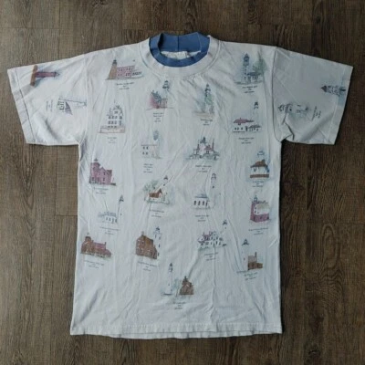 Camisa Artesana De Colección Para Hombre Mediana Grandes Lagos Faros Estampado Completo Foto 1 de 4