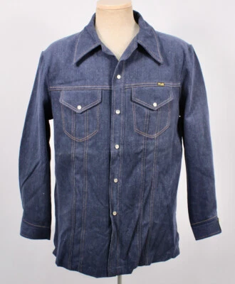 VTG Men's 70s NOS Wrangler Jean Jacket 1970s Pearl Snap Blue Denim Shirt - Image 1 of 4
