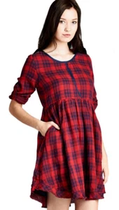 JODIFL Damen rot marine Vintage gefüttert kariert schick Langarm Freizeit Kleid S M L - Bild 1 von 14