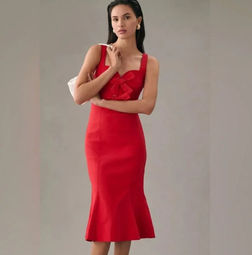 Abito Anthropologie Taglia M Rosso Elasticizzato Sirena San Valentino Sweetheart Fiocco Pin Up