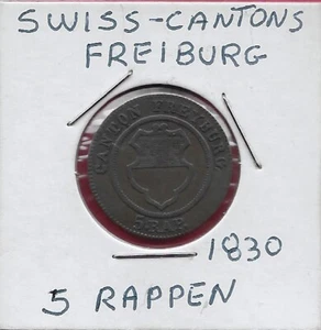 SWEDEN SWISS CANTONS,FREIBURG 5 RAPPEN 1830-BEL ORNATE SHIELD WITHIN BEADED CIRC - Picture 1 of 2