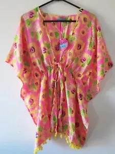 SOUTH BEACH Pink Pineapple Sunflower Kaftan Beach Throw Pom Pom Trim New - Picture 1 of 11