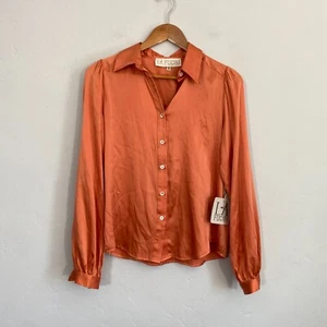 La Fuori Silk Top Women Size Small Orange Long Sleeve Button Down New Flaw - Picture 1 of 12