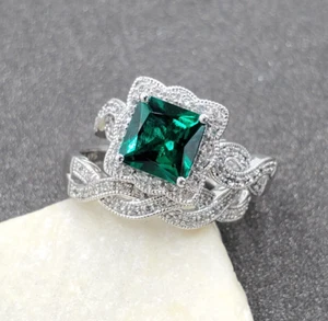 Princess Lab Created Emerald & White Sapphire 925 Sterling Wedding Ring Set - Picture 1 of 10
