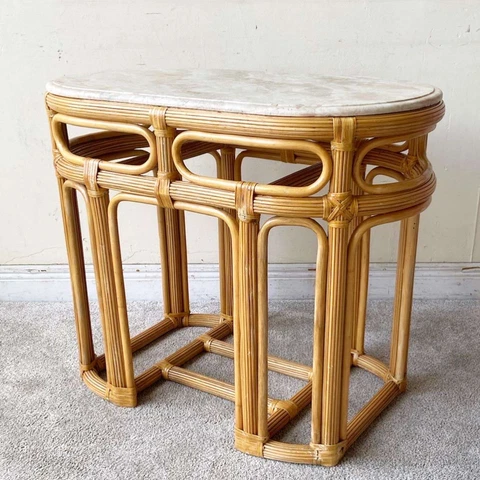 Boho Chic Pencil Reed Rattan Marble Top Console Table Cover