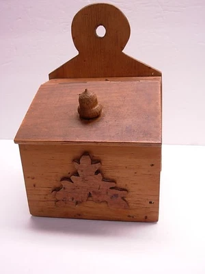 Vtg Homemade Wood Salt Box Hinged Lid Hang Acorn Pine Farmhouse Storage 1970s - Image 1 of 4