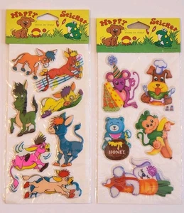 1980's HAPPY STICKER SHEET ×2 PUFFY Cartoon Horses Donkey Bear Dog Mouse SEALED - Picture 1 of 6