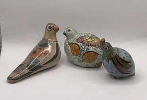 Vtg Set of 3 Tonala Mexican Folk Art Bird Figurines Dove & 2 Quail Signed - Picture 1 of 14