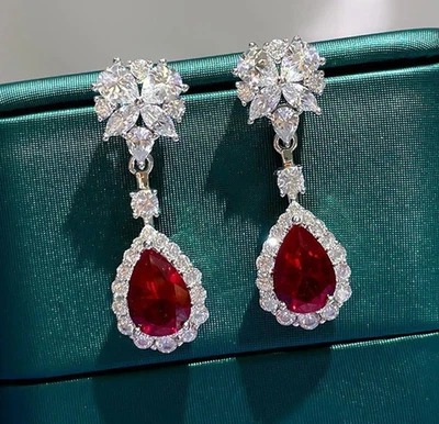 Lab Created Ruby & Diamond 14K White Gold Over Dangle Earrings for Women Gift - Image 1 of 4