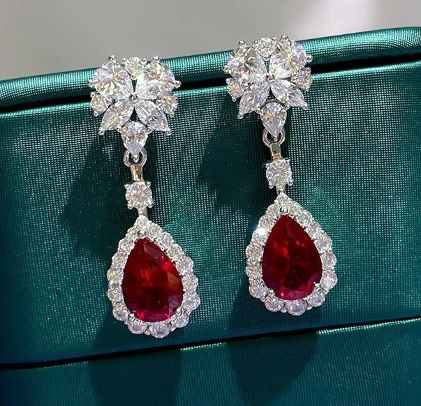 Lab Created Ruby & Diamond 14K White Gold Over Dangle Earrings for Women Gift - Image 1 of 4